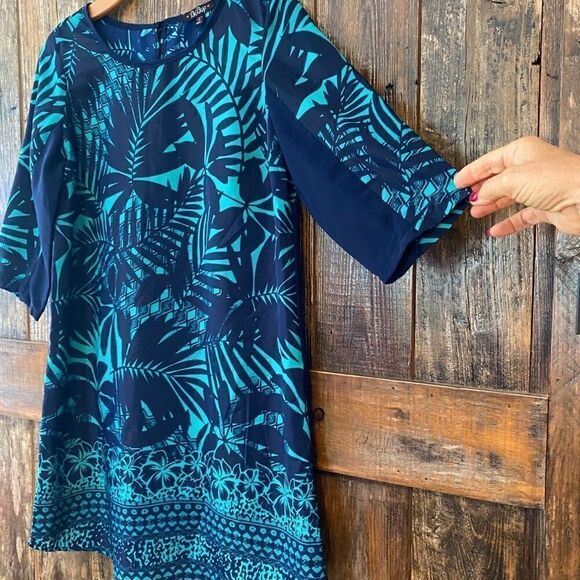 BeBop S Blue Turquoise Tropical Tahitian Palm Leaves Summer Shift Dress - Picture 8 of 11